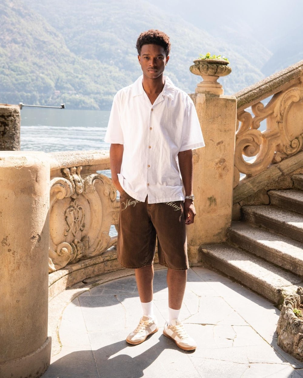 Short -sleeved flax shirt white