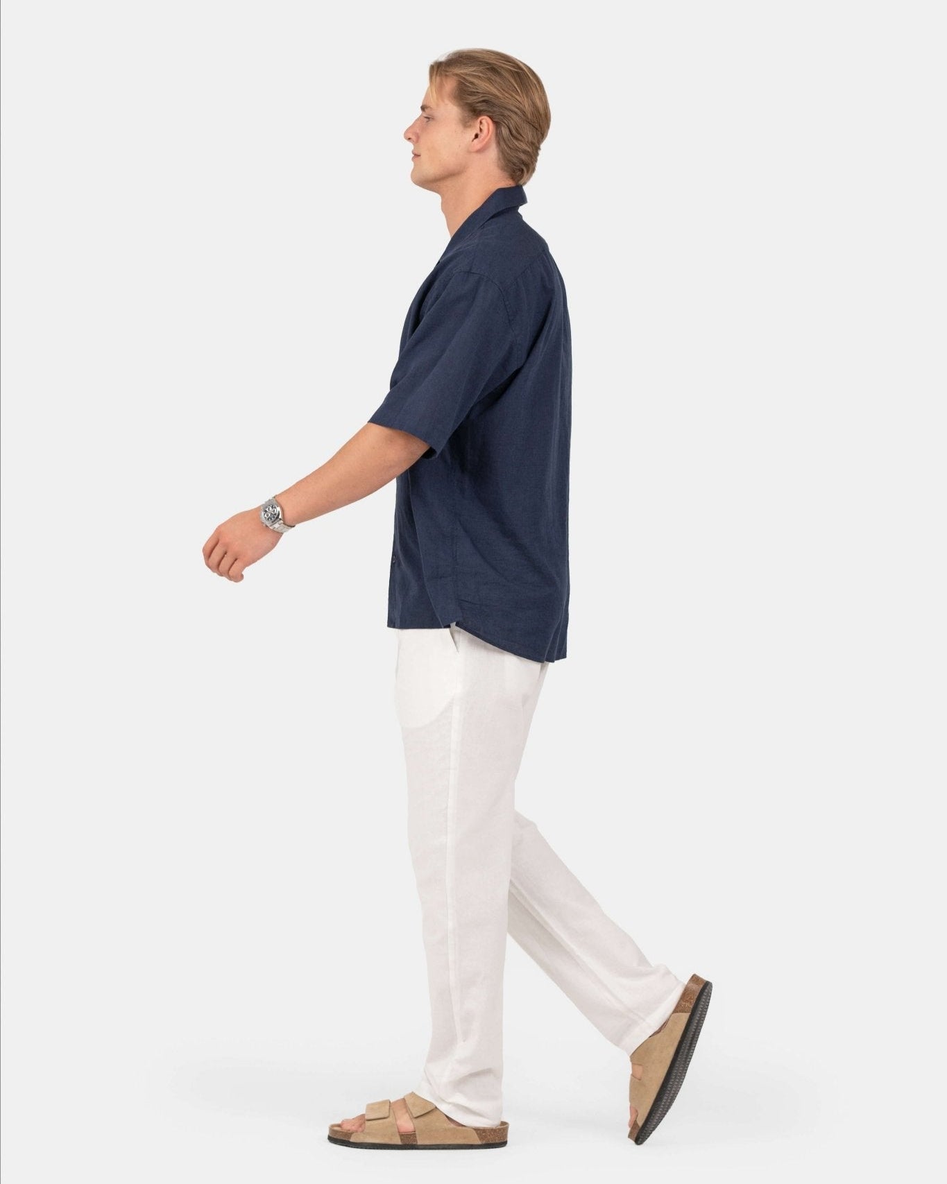 Short -sleeved flax shirt navy