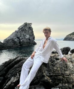 Long -sleeved flax shirt white